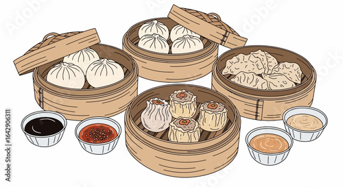 Delicious hand-drawn vector illustration of various dim sum, including steamed buns, dumplings, and tasty sauces