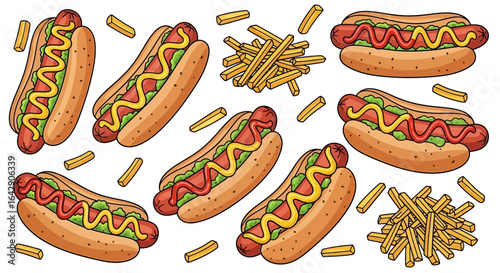 Doodle vector illustration set of classic American hot dogs with mustard and fries on a white background