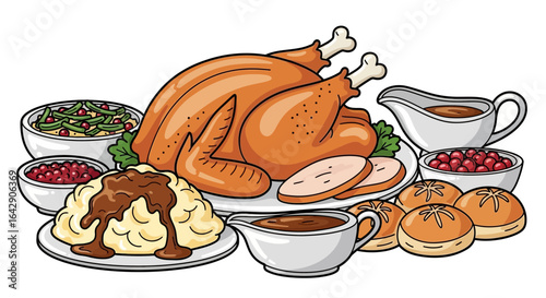 Thanksgiving Feast Illustration Roasted Turkey and Delicious Side Dishes on a White Plate