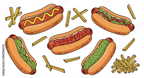 Delicious hot dogs with assorted toppings and french fries, a delightful doodle illustration