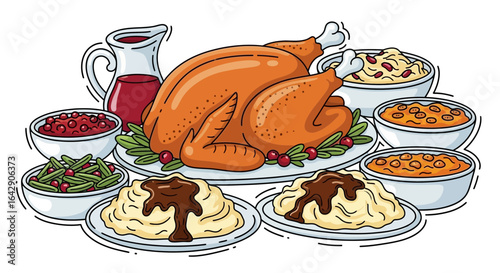 Delicious Holiday Feast Illustration Featuring Roasted Turkey and Traditional Side Dishes