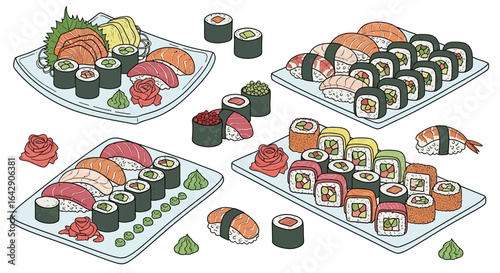 Collection of Japanese sushi and sashimi platters in a hand-drawn doodle vector style