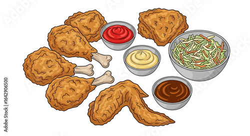 A vector doodle illustration of a complete fried chicken meal with sauces and coleslaw