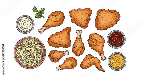 Golden fried chicken pieces, fresh coleslaw, and savory dipping sauces illustrated in a clean vector style