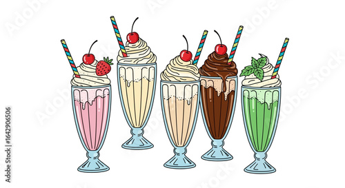 Variety of Delicious Milkshakes Strawberry, Vanilla, Chocolate, and Mint with Colorful Straws