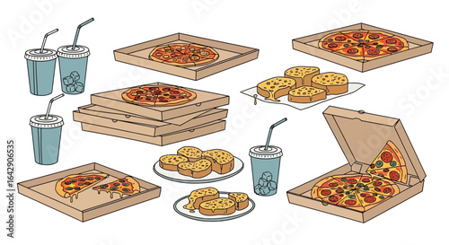 Delicious Pizza Vector Doodle of Boxes, Garlic Bread and Soda Cups on White