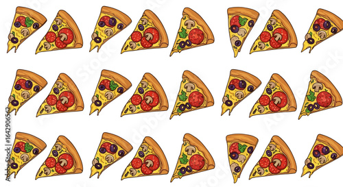 A Pattern of Delicious Pizza Slices with Various Toppings on a White Background A Culinary Delight