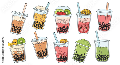 Hand-drawn vector collection of various bubble tea drinks with tapioca pearls and fruit toppings