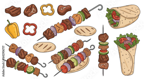 Delicious Grilled Kebabs and Wraps A Doodle Vector Set for Your Culinary Creations
