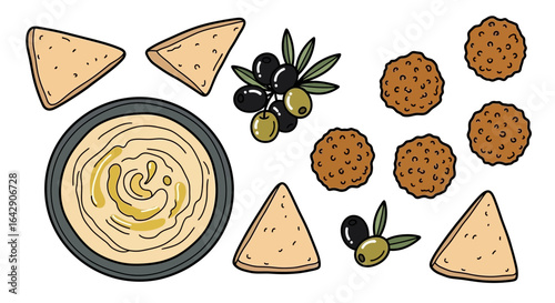 Delicious Mediterranean Feast Hummus, Falafel, Olives, and Pita Bread in a Vector Illustration