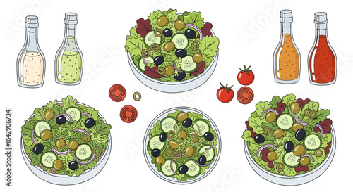 Deliciously Fresh Salad Vector Art A Collection of Healthy Meals and Dressing Options