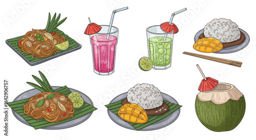 Vibrant vector illustrations of delicious Thai street food dishes and refreshing tropical beverages, perfect for cultural menus and travel promotions
