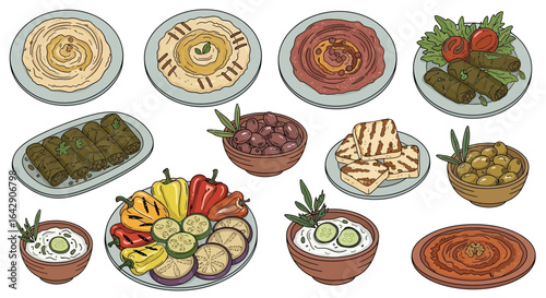 Doodle Vector Set Delicious Mediterranean Mezze Platters, Dips, Olives, and Grilled Veggies