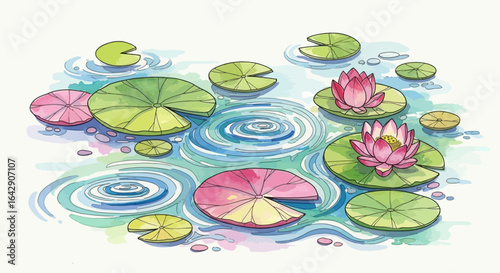 Vibrant Watercolor Illustration of Serene Lily Pads Floating on Rippling Water