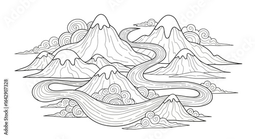 Stylized hand-drawn mountains with flowing rivers and whimsical clouds, an abstract doodle vector illustration