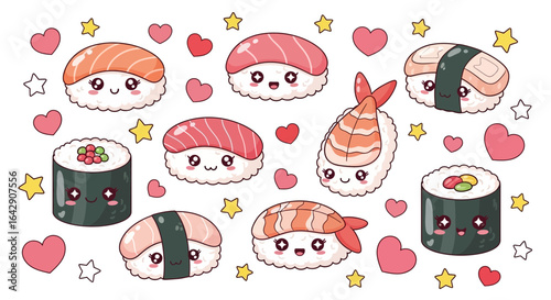 Adorable Kawaii Sushi Characters Featuring Salmon, Shrimp, and Rolls, Adorned with Hearts and Stars on a Clean White Backdrop