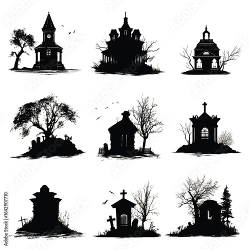 Vector silhouette set of Halloween Mausoleum isolated in White background, silhouette Set, Halloween theme, Vector illustration 