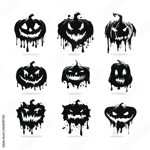 Vector silhouette set of Halloween Melting Jack-o'-lantern isolated in White background, silhouette Set, Halloween theme, Vector illustration 