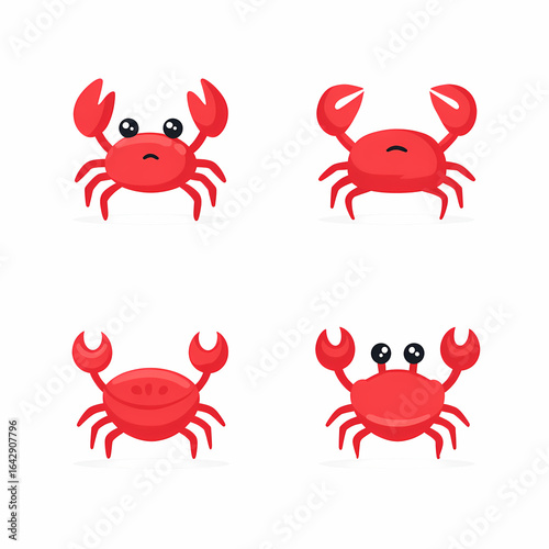 Cartoon red crabs on a white backdrop Each crab has a unique expression and design perfect for nautical themes