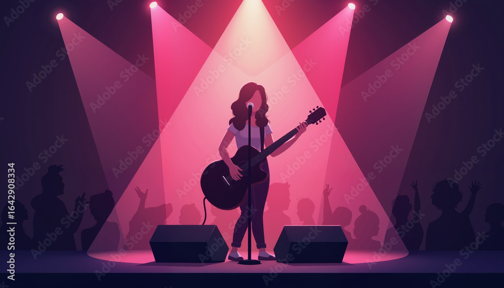 Fototapeta premium Woman playing guitar on stage under dynamic lights, International Women's Day