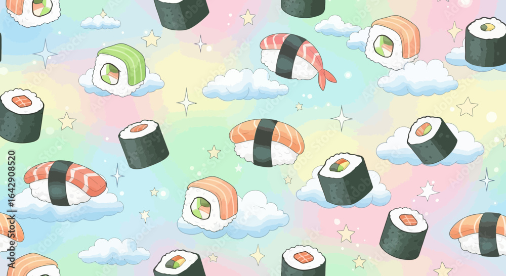 Naklejka premium Cute kawaii sushi pattern on a pastel rainbow sky with clouds and stars. Whimsical food illustration.