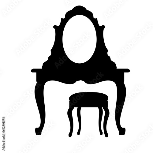 Silhouette of retro vanity table with mirror and stool, historic feminine style