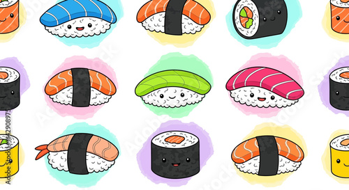 Seamless pattern of cute kawaii sushi characters with colorful watercolor splashes background