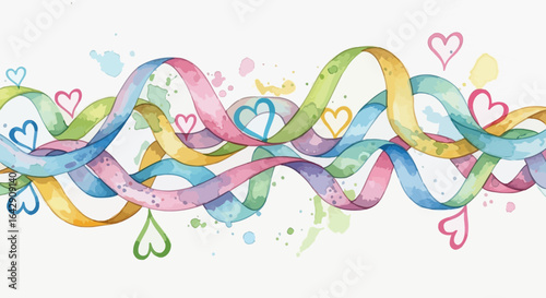 A playful watercolor doodle filled with spiraling ribbons and random heart shapes creating a festive and joyful abstract design