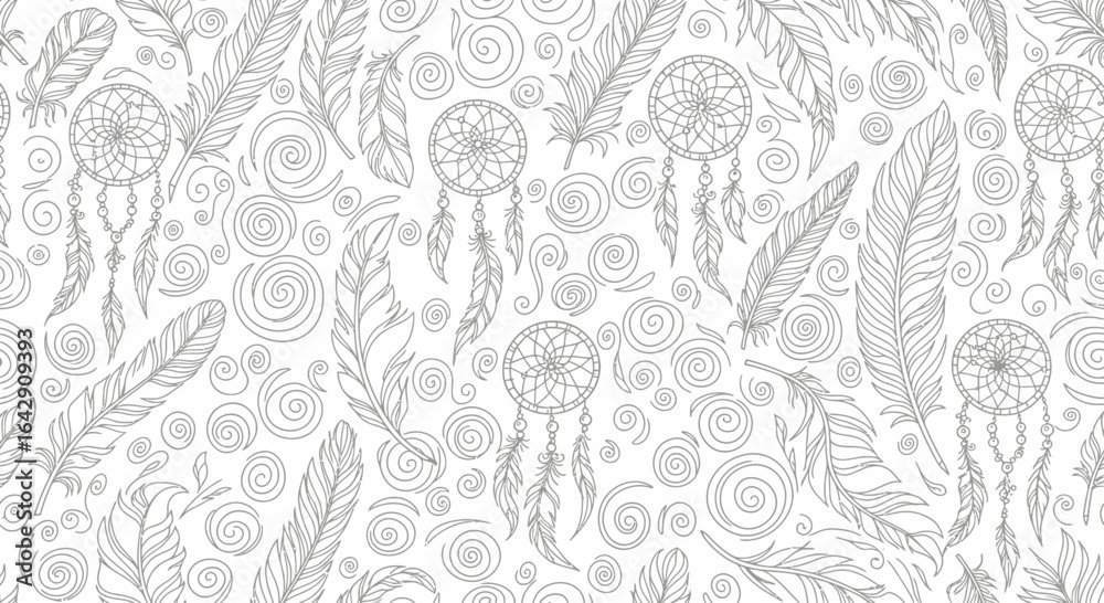 Fototapeta premium Elegant Bohemian Pattern with Intricate Hand-Drawn Feathers, Dreamcatchers, and Swirling Spirals