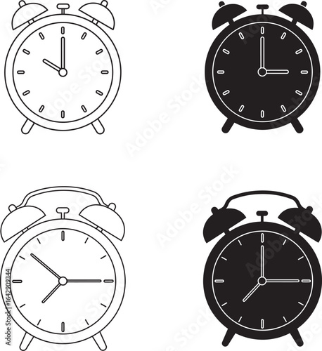 Alarm Clock Icons in Black and White Time Management and Reminders