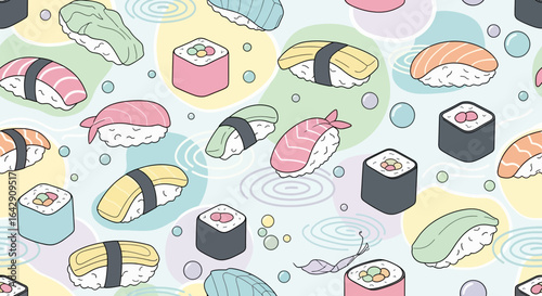 A seamless vector pattern of cute pastel sushi pieces floating with abstract bubbles and water ripples.
