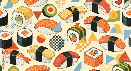 Vibrant seamless pattern of Japanese sushi rolls and nigiri with abstract geometric shapes