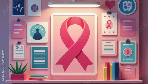 Breast cancer awareness poster with pink ribbon, promoting health education