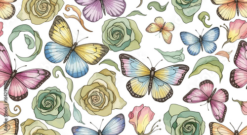 Seamless watercolor pattern of whimsical butterflies fluttering among delicate rose flowers
