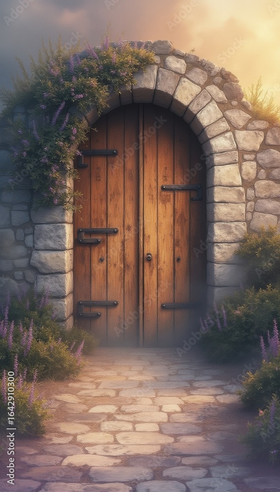 Fototapeta premium Mysterious wooden door in a serene garden archway