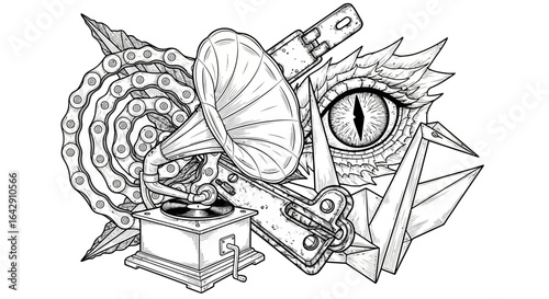 Monochrome steampunk collage of a dragon eye, vintage gramophone, and industrial chain