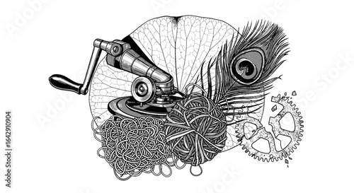 Vector monochrome collage featuring a vintage crank phonograph, yarn, feather, leaf, and gear elements.