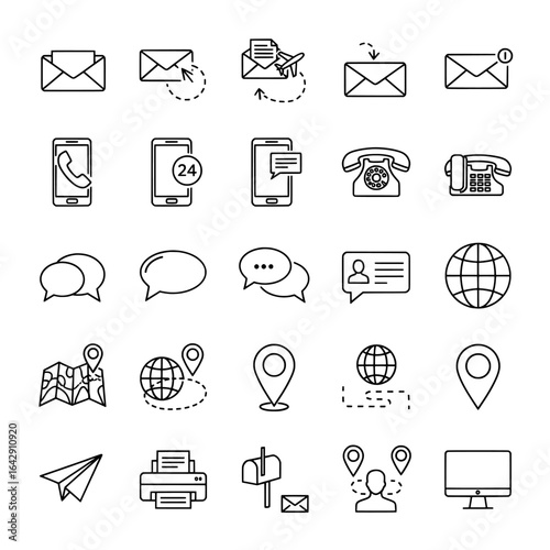 Collection of communication and contact icons in outline style on white background