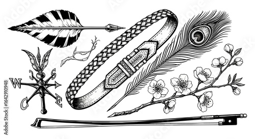 Monochrome Collage of Ornate Objects Feather, Weather Vane, Belt, Blossom, Bow, and More