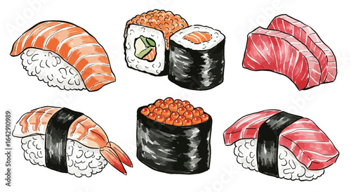 Collection of Japanese sushi and sashimi in a hand-drawn watercolor and ink illustration style.