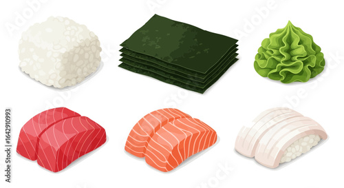 Isometric set of fresh Japanese sushi ingredients with raw fish, rice, nori seaweed, and wasabi paste.