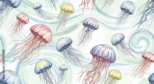 Whimsical Watercolor Jellyfish Pattern A Floating Dance in Swirling Currents _2.svg