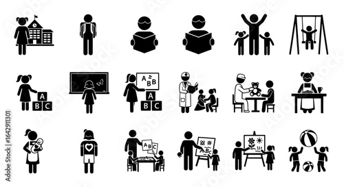 vector of educational and childcare activities in stick figure on transparet background