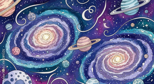 Whimsical watercolor illustration of the cosmos with spiral galaxies, planets, and celestial bodies