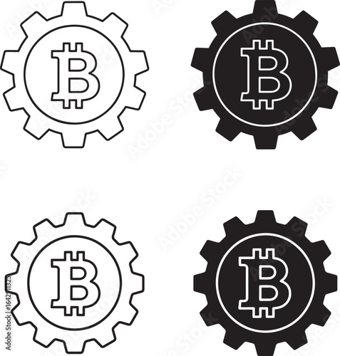 Bitcoin Cryptocurrency Gears Black and White Vector Icons for Digital Finance
