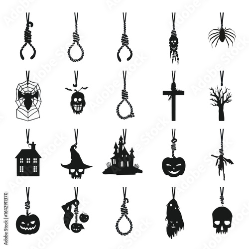 Vector silhouette set of Halloween Noose isolated in White background, silhouette Set, Halloween theme, Vector illustration 
