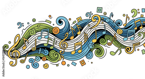 A whimsical hand-drawn vector doodle of musical notes, swirls, and abstract rhythmic shapes