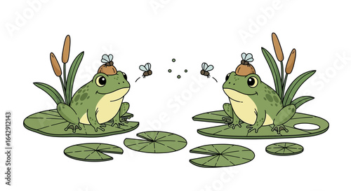 Two cute cartoon frogs with hats on lily pads catching flies. Whimsical doodle vector illustration.