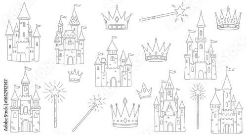 Doodle vector set of fairy-tale elements with castles, crowns, and magic wands on white