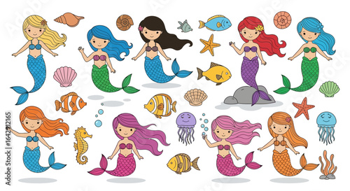 Cute cartoon mermaid collection with colorful fish and seashells. Vector illustration set.